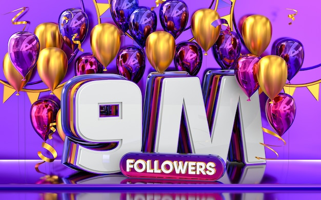 Celebrazione di 9 milioni di follower grazie banner sui social media con rendering 3d di palloncini viola e oro