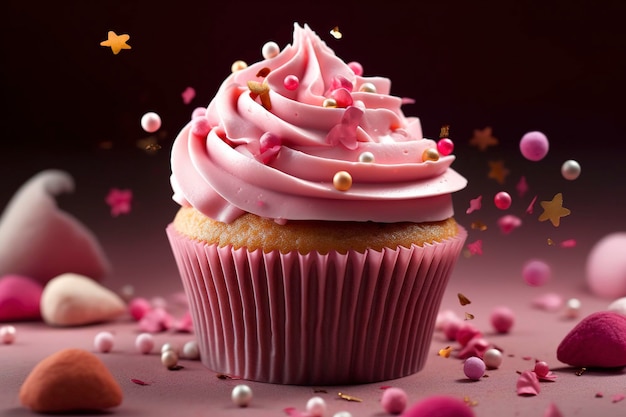 Celebrazione di compleanno cupcake rosa con un sacco di glassa e decorazioni Festa di compleanno felice Generare Ai