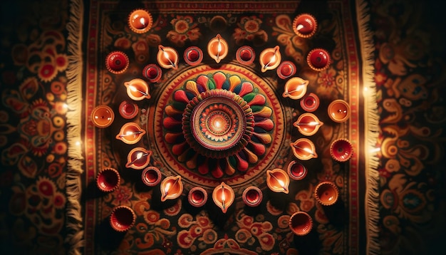 Celebrazione di Diwali Diyas tradizionali su tappeto a disegni