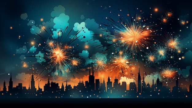 Celebrazione di fuochi d'artificio colorati sullo sfondo del cielo scuro