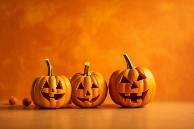 Celebrazione di Halloween divertente jack o lanterna zucche sfondo arancione fotografia