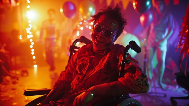 Celebrazione di Halloween Persona in costume di zombie che si gode dell'atmosfera festiva della festa in sedia a rotelle