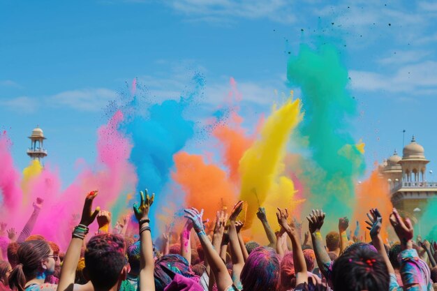 Celebrazione di Holi con esplosione di polvere colorata