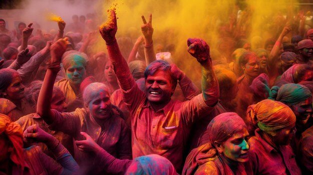 Celebrazione di Holi festa dei colori persone felici che celebrano Holi Generative ai