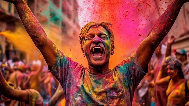 Celebrazione di Holi festa dei colori persone felici che celebrano Holi Generative ai