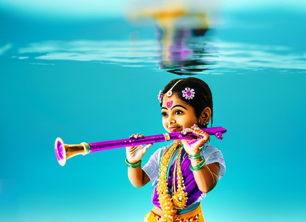 Celebrazione di Janmasthi con il piccolo dio Krishna che tiene il flauto