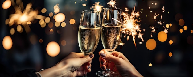 Celebrazione di Natale o festa di Capodanno con bicchieri tintinnanti di champagne e applausi IA generativa