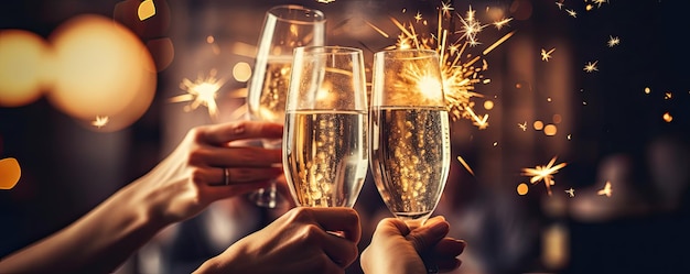 Celebrazione di Natale o festa di Capodanno con bicchieri tintinnanti di champagne e applausi IA generativa