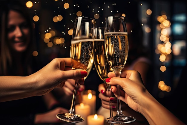 Celebrazione di Natale o festa di Capodanno con bicchieri tintinnanti di champagne e applausi IA generativa