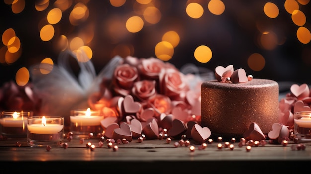 Celebrazione di San Valentino Ambiente romantico con un tavolo decorato e luci di messa a fuoco morbide