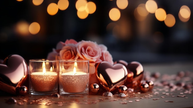 Celebrazione di San Valentino Ambiente romantico con un tavolo decorato e luci di messa a fuoco morbide