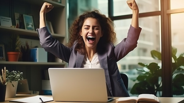 Celebrazione di un progetto di successo Ritratto di una donna gioiosa in un ufficio a casa