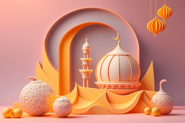 Celebrazione e decorazione del Ramadan Kareem, disegno dell'illustrazione di rendering 3D