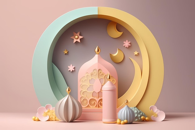 Celebrazione e decorazione del Ramadan Kareem, disegno dell'illustrazione di rendering 3D