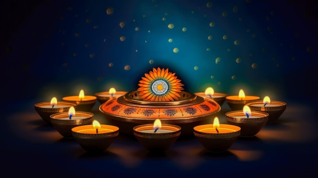 Celebrazione festiva e tradizionale di Diwali con Diya e coriandoli su sfondo blu scuro