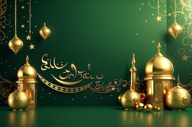 Celebrazione islamica dell'Eid Mubarak d'oro su uno sfondo verde