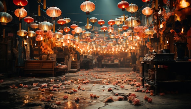 Celebrazione notturna con lanterne illuminate festival tradizionale e decorazioni luminose generate dall'intelligenza artificiale