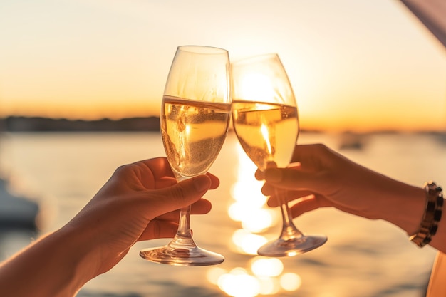 Celebrazione romantica Coppia che fa un brindisi con lo champagne creando uno spruzzo di gioia