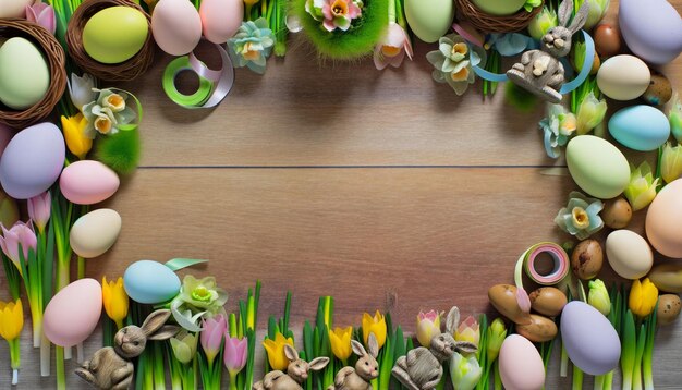 Celebrazione rustica della Pasqua con un affascinante spettacolo di uova e conigli decorati