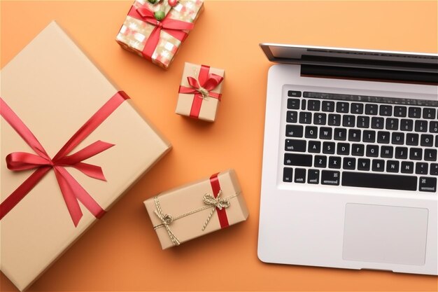 Celebrazione segreta di Babbo Natale in ufficio Scrivania da ufficio con laptop e scatole regalo di Natale