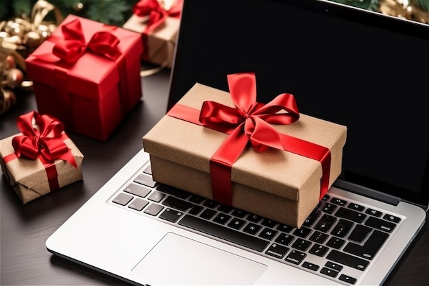 Celebrazione segreta di Babbo Natale in ufficio Scrivania da ufficio con laptop e scatole regalo di Natale