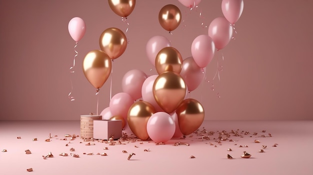 Celebrazione sfondo rosa con regali di palloncini in oro rosa e coriandoli generati dall'IA