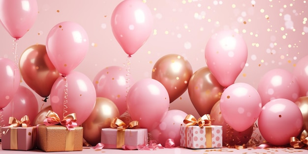 Celebrazione sullo sfondo rosa con palloncini d'oro rosa regali e confetti