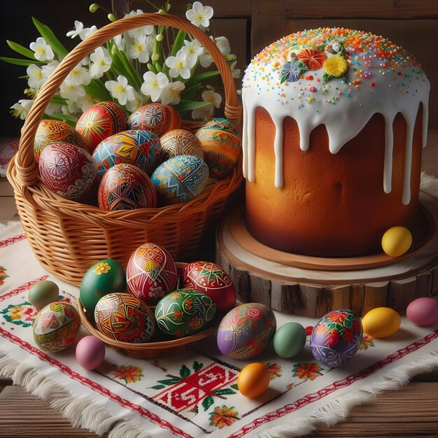 Celebrazione tradizionale della Pasqua con uova decorate in modo intricato e dolce pane pasquale PASCA