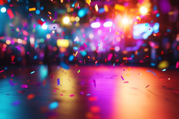 Foto celebrazione vivace con una doccia di confetti colorati in un'atmosfera festiva in un evento vivace o una festa con uno sfondo morbido sfocato e luci illuminate