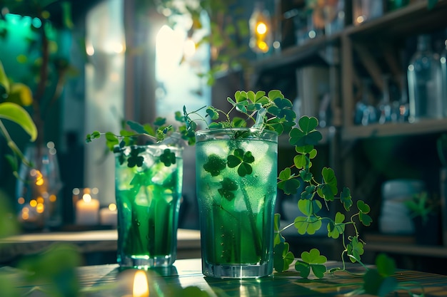 Celebrazioni del giorno di St. Paddy con bevande verdi, trifoglio e decorazioni festive, concetto di San Paddy, Giorno del Trecento, bevande verdi e trifoglio, decorazione festiva, celebrazioni, tradizioni irlandesi.