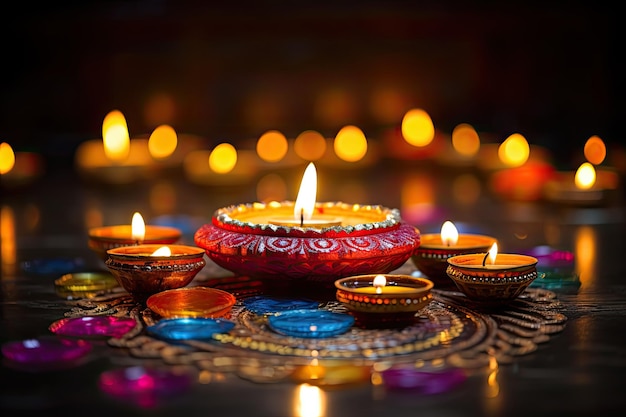 Celebrazioni di Diwali con lampade Diya e rangoli