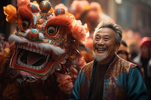 Celebrazioni di strada cinesi Strade affollate piene di decorazioni colorate e parate vivaci Generate con l'IA