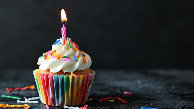 Celebrazioni vivaci Un colorato cupcake di compleanno illuminato da una candela colorata in una splendida A