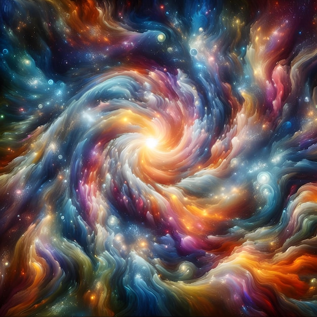 Celestial Swirl forme colorate astratte che girano e convergono in una visualizzazione cosmica