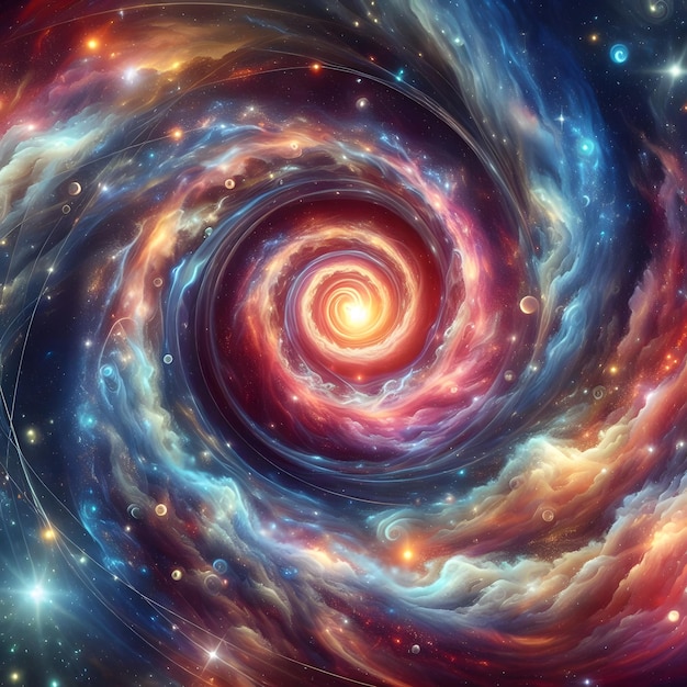 Celestial Swirl forme colorate astratte che girano e convergono in una visualizzazione cosmica