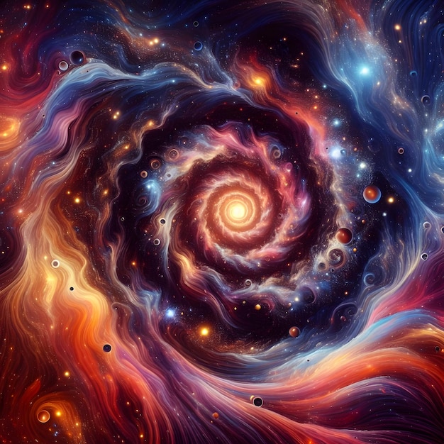 Celestial Swirl forme colorate astratte che girano e convergono in una visualizzazione cosmica