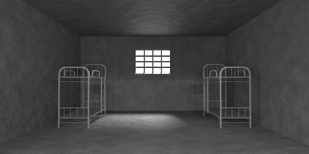 Cella di prigione con letti a castello e barre di metallo sulla finestra rendering 3d Interno realistico della stanza buia vuota della prigione con pareti grigie e luce solare sul pavimento Gabbia per criminali con mobili