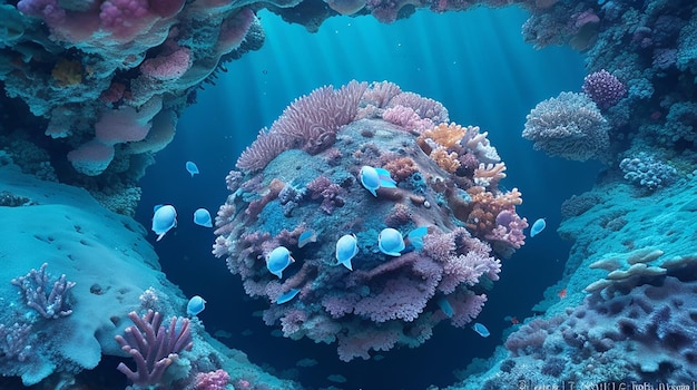 Cellula cancerosa ingrandita in una barriera corallina blu sottomarina
