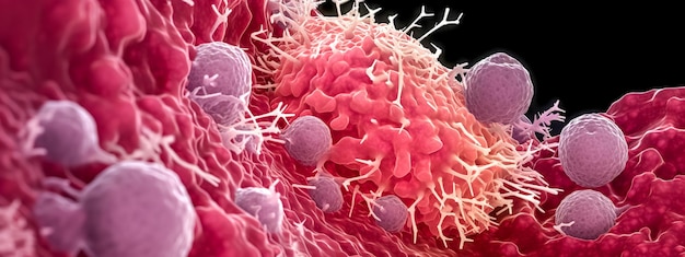 Cellula cancerosa nel tessuto biologico sotto uno stendardo del microscopio realizzato con l'IA generativa