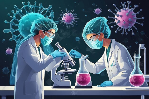 Cellula di coronavirus e due scienziati nell'illustrazione del laboratorio