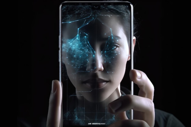 Cellulare del futuro mobile invisibile trasparente Siri Alice ologramma smartphone di intelligenza artificiale Ai Metaverse e tecnologia Blockchain rete dati futura innovativa
