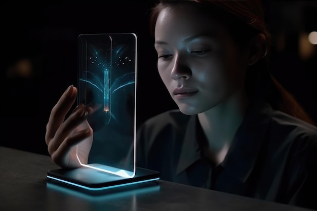 Cellulare del futuro mobile invisibile trasparente Siri Alice ologramma smartphone di intelligenza artificiale Ai Metaverse e tecnologia Blockchain rete dati futura innovativa