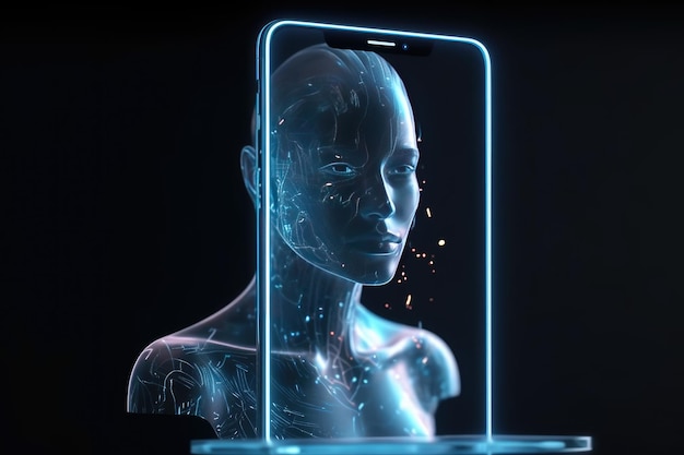 Cellulare del futuro mobile invisibile trasparente Siri Alice ologramma smartphone di intelligenza artificiale Ai Metaverse e tecnologia Blockchain rete dati futura innovativa