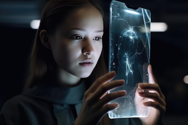 Cellulare del futuro mobile invisibile trasparente Siri Alice ologramma smartphone di intelligenza artificiale Ai Metaverse e tecnologia Blockchain rete dati futura innovativa