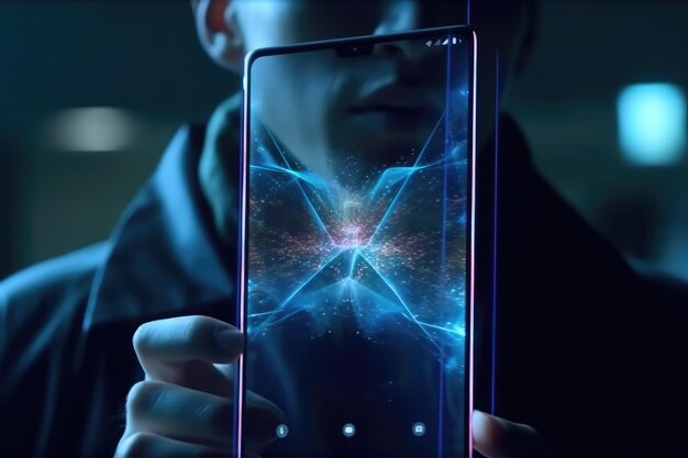 Cellulare del futuro mobile invisibile trasparente Siri Alice ologramma smartphone di intelligenza artificiale Ai Metaverse e tecnologia Blockchain rete dati futura innovativa