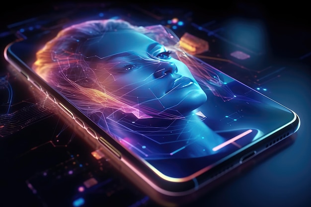 Cellulare del futuro mobile invisibile trasparente Siri Alice ologramma smartphone di intelligenza artificiale Ai Metaverse e tecnologia Blockchain rete dati futura innovativa