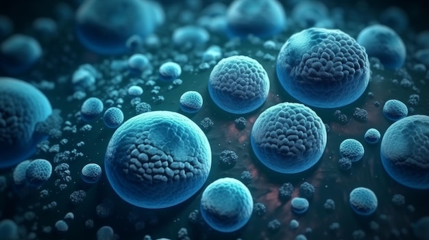 Cellule batteriche blu Dimensioni microscopiche Illustrazione Ai generativa