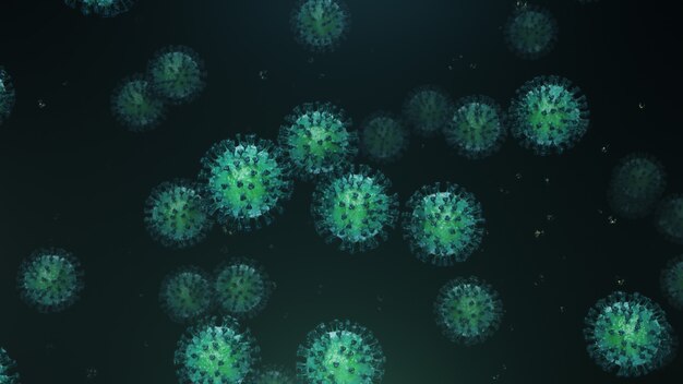 Cellule di coronavirus su uno sfondo scuro