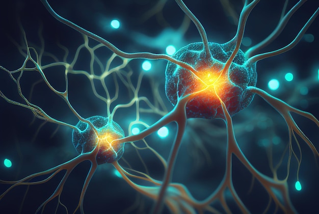 Cellule di neuroni con luce incandescente Neuroscienze