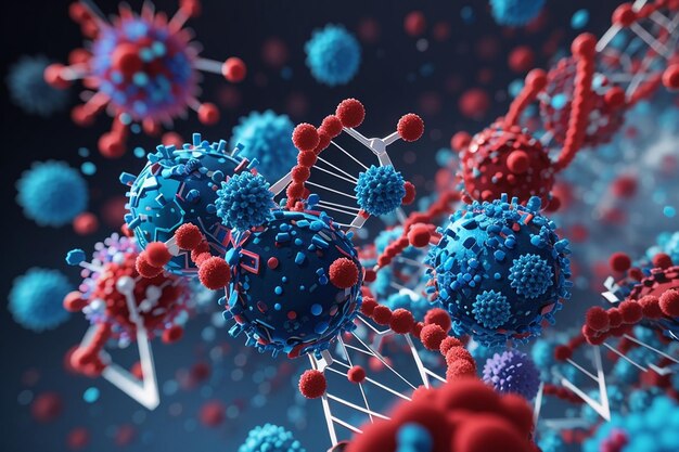 Cellule di virus 3D che attaccano un filamento di DNA